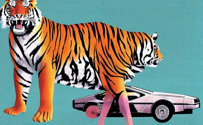 Prompt: a delorean and a tiger, colourful magazine collage, art by hsiao - ron cheng and utagawa kunisada, # e 5 3 7 1 b, # e 4 e 6 2 0, # de 9 5 f 0,