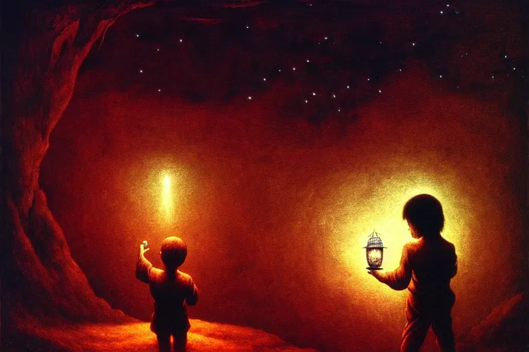 Prompt: fantasy scene of the kid holding a lantern and looking at the stars - dimensional window, in the style of beksinski, intricate and epic composition, white by caravaggio, insanely quality, highly detailed, masterpiece, white light, artstation, 4 k