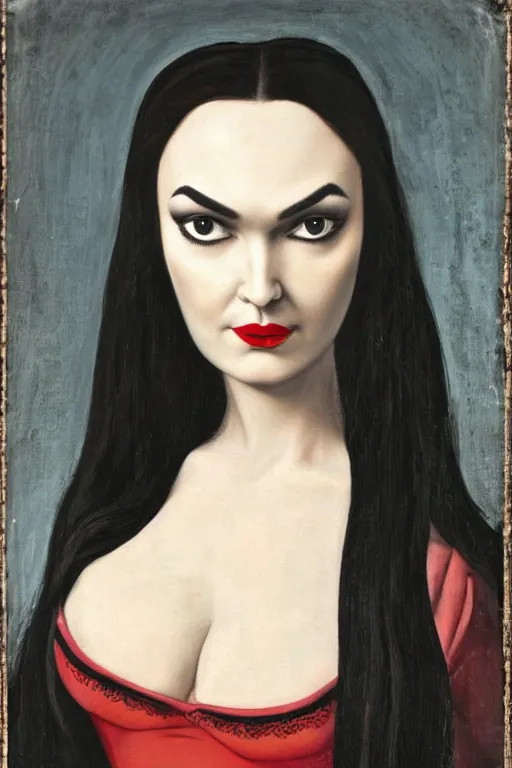 Image similar to beautiful face portrait of sasha grey as morticia addams, oil painting by nicholas hilliard, raphael, sofonisba anguissola