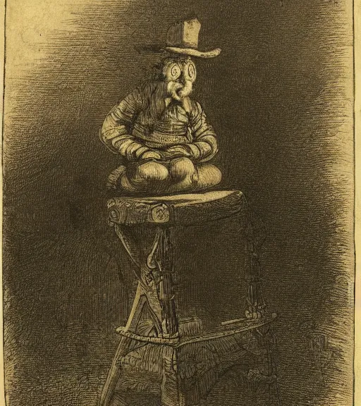 Prompt: etching drawing of sad clown on a wooden stool in front of a circus by Rembrandt van Rijn