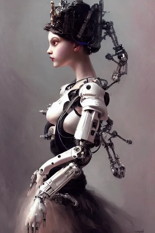 Image similar to sitting beautiful painting of a crowned robotic cyberpunk ballerina in a gothic dark flowing tutu intricate, elegant, highly detailed, digital painting, artstation, concept art, by krenz cushart and artem demura and william adolph bouguereau