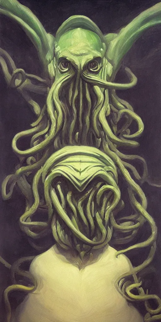 Prompt: a stunning and noble highly detailed portrait of cthulhu by josep tapiro baro and edward hopper, trending on artstation, oil painting masterpiece, symmetry, mysterious, very very very aesthetic