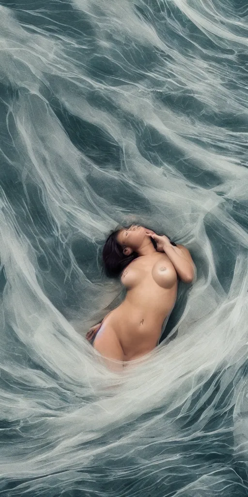 Image similar to a figure of an attractive beautiful female human body floating among the waves, hidden behind torn cloth swirling violently