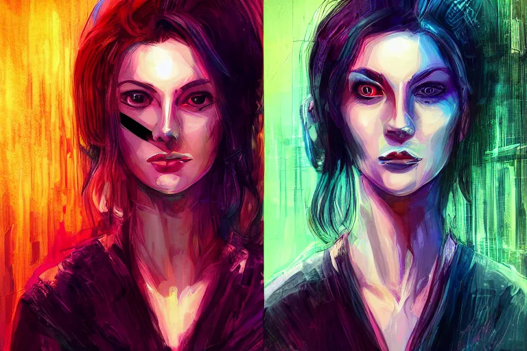 Prompt: a portraits of a beautiful woman in a cyberpunk style, art by Olivia