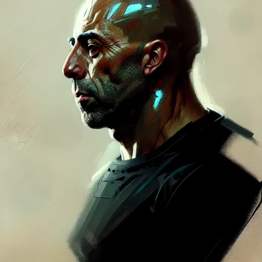 Image similar to portrait of joe rogan, concept art by greg rutkowski, futuristic and brutalist environment, scifi, highly detailed portrait, digital painting, artstation, concept art, smooth, sharp foccus ilustration, artstation hq