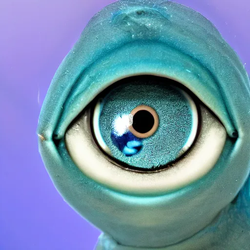 Prompt: a cute blue microscopic fish looking at the camera with large eyes