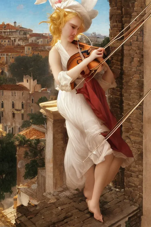 Image similar to beautiful blonde girl, expressively playing the violin, in a venetian outfit, illustration, manga, on the roof of a burning building, highly detailed, artstation, illustration, jurgens, rutkowski, bouguereau, canon eos r 3