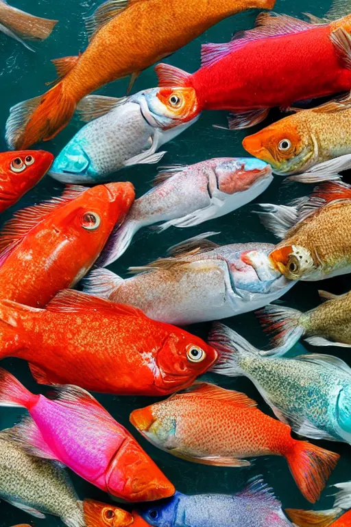 Image similar to colour full fish swimming inside a toilet, 4 k, high res