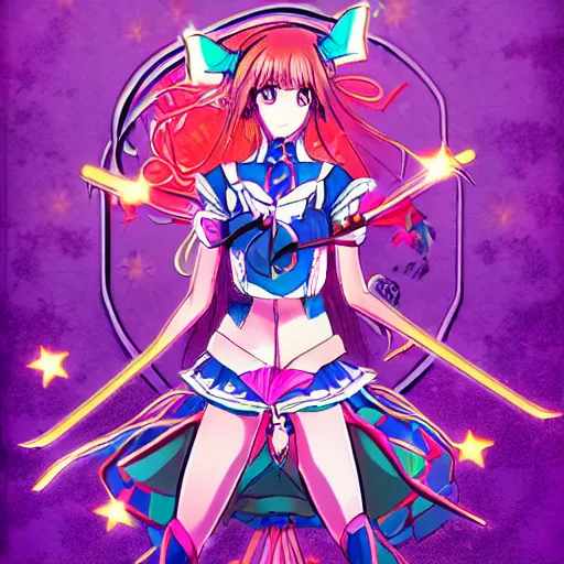 Prompt: Magical girl in a blend of manga-style art, augmented with vibrant composition and color, all filtered through a cybernetic lens
