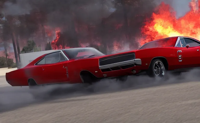 Image similar to a red 1 9 6 8 dodge charger r / tdriving high speed, fire explosion in the background, action scen. realistic. high resolution. dramatic