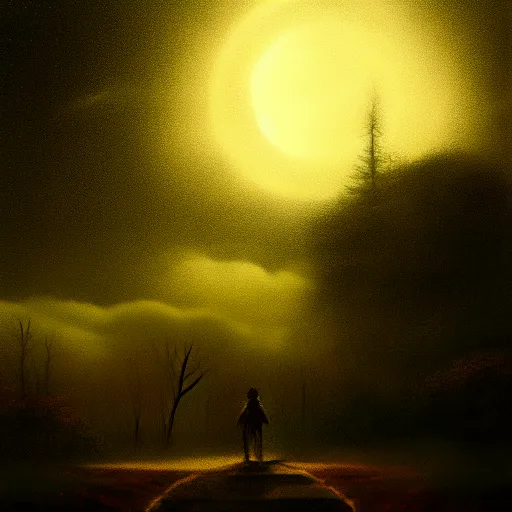 Image similar to matte painting of a tabby cat walking on a path in a dark moonlit Maine forest, serene, highly detailed, by caravaggio and alan lee, trending on artstation, 4k