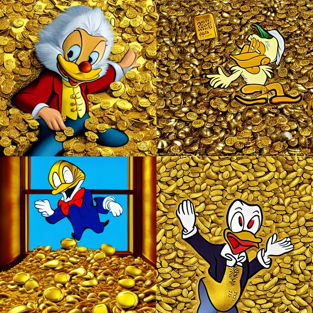 Prompt: Hyperrealistic picture of Scrooge McDuck swimming in gold, on a floor made of gold pieces, high quality detailed photo.