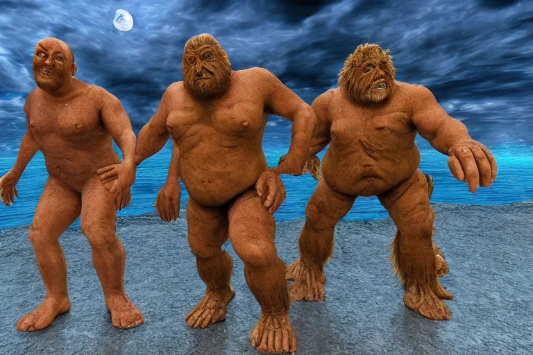 Image similar to photo, friends, man two old hairy fat ugly men! fighting alien monsters 4 0 1 2 9 on a beach, highly detailed, scary, intricate details, volumetric lighting, front view