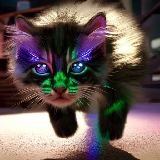 Image similar to iridescent kittens cyperpunk 2 0 7 7, unreal engine 5, 8 k ultra realistic, hyperdetailed, volumetric lighting, extremely high quality