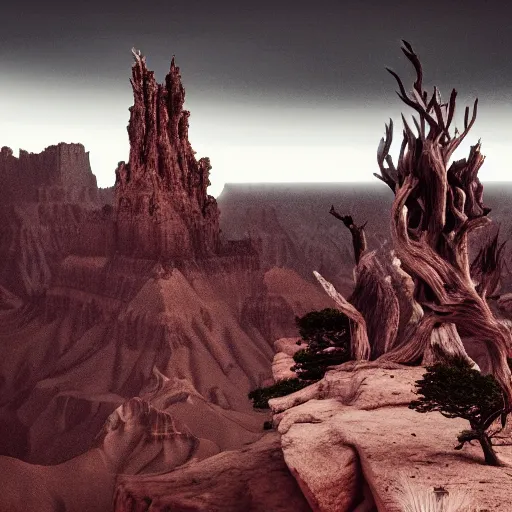 Image similar to dark gothic palace made of rock with tall spires, bristlecone pine trees, grand canyon, ultrawide cinematic 3d render, dark dramatic skies, atmospheric, vultures