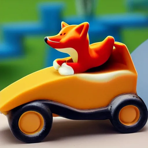Prompt: fox driving a cheese shaped car highly detailed