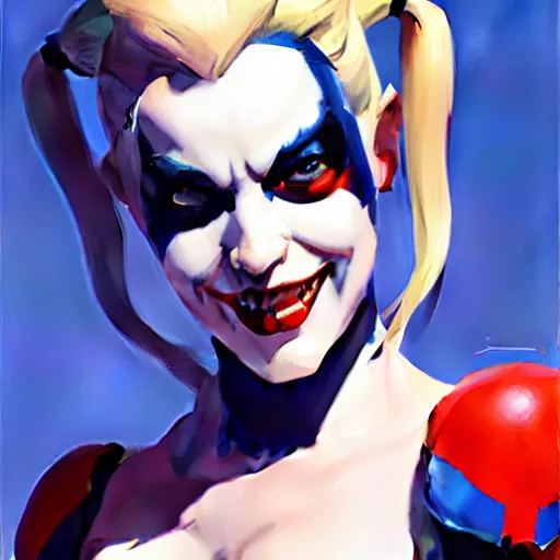 Image similar to Greg Manchess portrait painting of Harley Quinn as Overwatch character, medium shot, asymmetrical, profile picture, Organic Painting, sunny day, Matte Painting, bold shapes, hard edges, street art, trending on artstation, by Huang Guangjian and Gil Elvgren and Sachin Teng