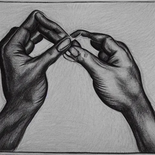 Image similar to M.C. Escher two hands drawing each other with a pencil