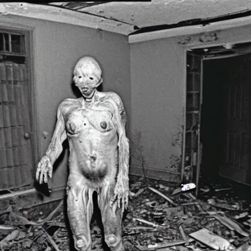 Image similar to 1 9 8 3, found footage, old abandoned house, creepy mutant flesh creature, flesh blob