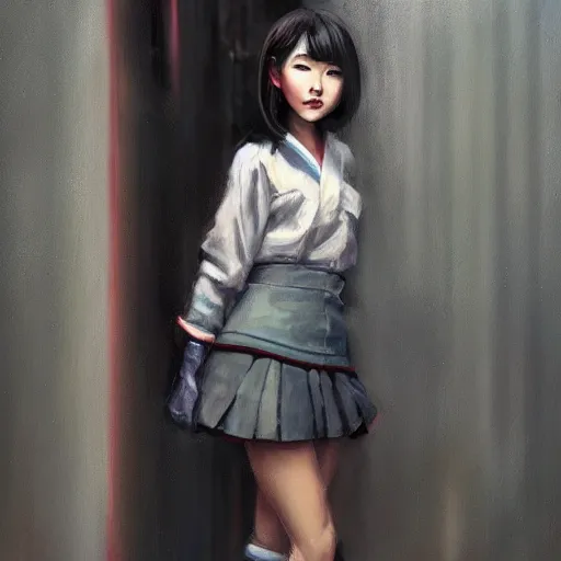 Image similar to a perfect, realistic professional oil painting of a Japanese schoolgirl posing in a dystopian alleyway, style of Marvel, full length, by a professional American senior artist on ArtStation, a high-quality hollywood-style concept