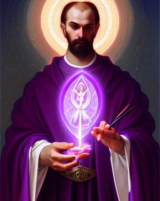 Image similar to portrait of saint germain, he is holding the violet purple indigo flame, completely violet colored, intricate, elegant, highly detailed, digital painting, artstation, concept art, smooth, sharp focus, illustration, art by artgerm and greg rutkowski and fra angelico and alphons mucha