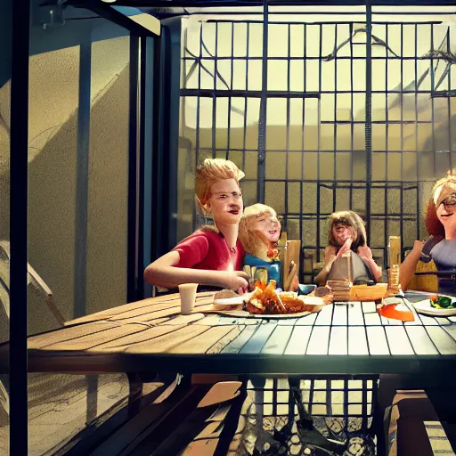 Image similar to a - happy - family - eating - dinner - at - the - table - inside - a cage, at - home, indoors, warm - sunlight, photorealistic, high - detail, octane - render, vivid, 4 k,