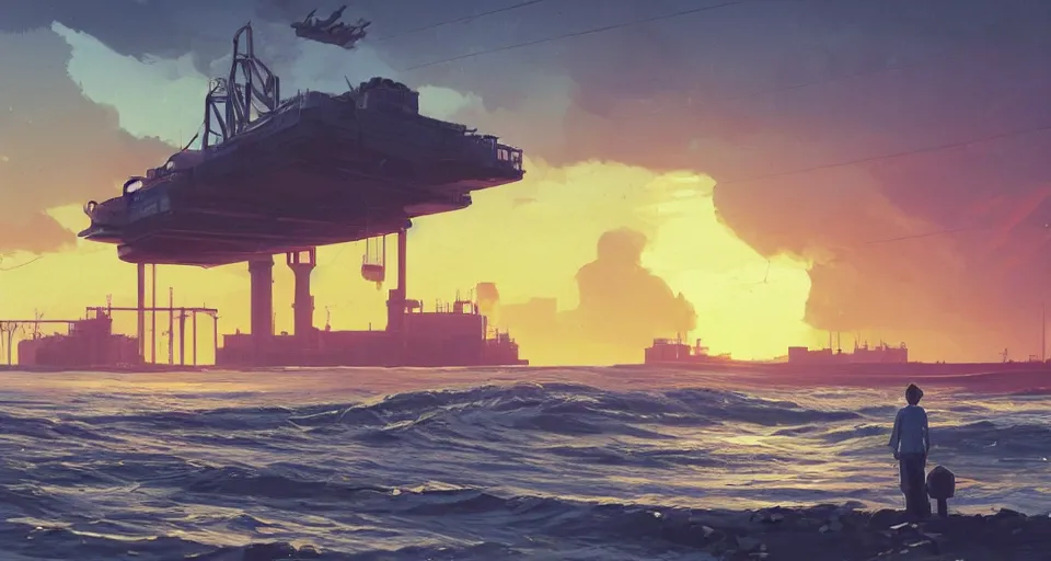 Image similar to A very beautiful serene coastal landscape scene with a GIANT INDUSTRIAL OIL RIGGING FACTORY looming in the distance, bright SUNSET waves splashing on the beach, rendered by simon stålenhag, rendered by Beeple, Makoto Shinkai, syd meade, environment concept, digital art, starwars, Gundam Style, unreal engine, 3 point perspective, WLOP, trending on artstation, low level, 4K UHD image, octane render,