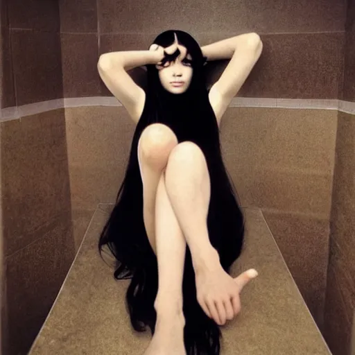 Image similar to photo of lonely young girl エウリン with straight long black hair wearing black dress that sitting on bathroom floor, photo made by mario testino and vanessa beecroft, model エリサヘス ・ セイモア from acquamodels. com, render by artgem and alphonse mucha for capcom co, resident evil