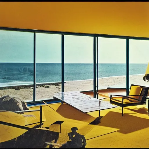 Prompt: architecture ad for a mid-century modern house by the beach designed by Norman foster. Film grain, cinematic, colorized, yellow hue.