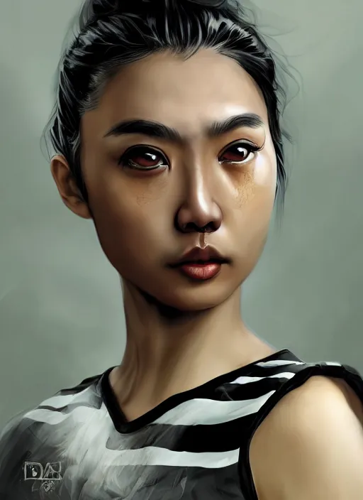 Prompt: An epic fantasy comic book style portrait painting of a young Malaysian Asian woman, expressive, dark piercing eyes, tomboy, pug-faced, pouting, tan skin, beautiful futuristic hairstyle, black and white striped tank top with long sleeves, bare midriff, unreal 5, DAZ, hyperrealistic, octane render, cosplay, RPG portrait, dynamic lighting