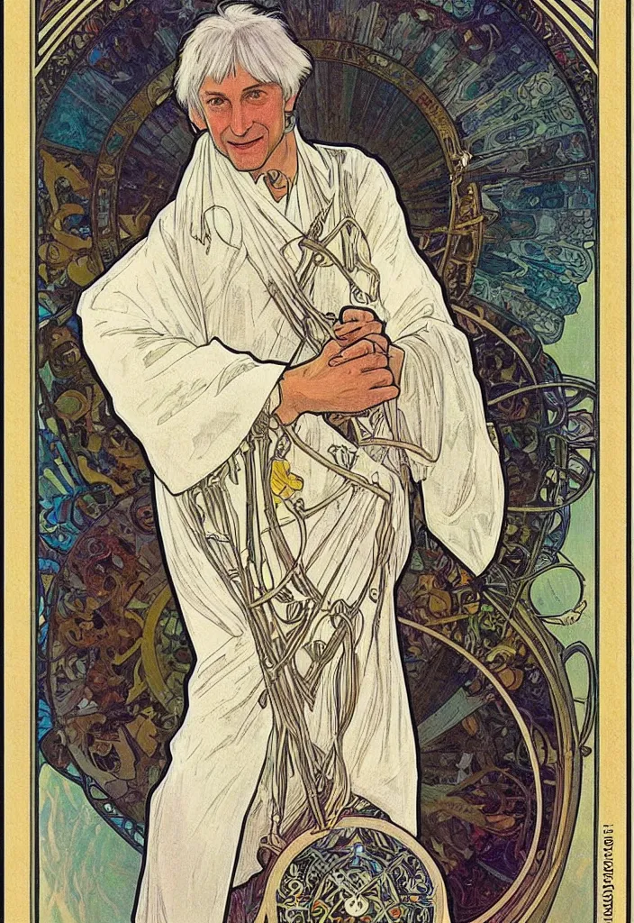 Image similar to realistic white - haired geoffrey hinton on a tarot card, tarot in art style by alphonse mucha