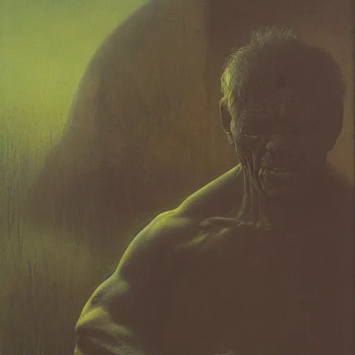 Prompt: the incredible hulk zdzislaw beksinski, ivan seal. the caretaker, leyland kirkby