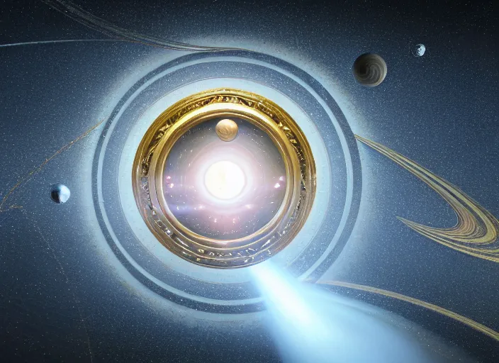 Image similar to ornate solar system model, white pearlescent, chrome, iridescent metals, liquid gold, biomechanical garment, cinematic, crystalline masterpiece diamond incrustations, hyperdetailed metalwork, in volumetric soft glowing mist by erik johansson full frame mirrorless sensor, movie still, octane render, pixar, crepuscular rays,