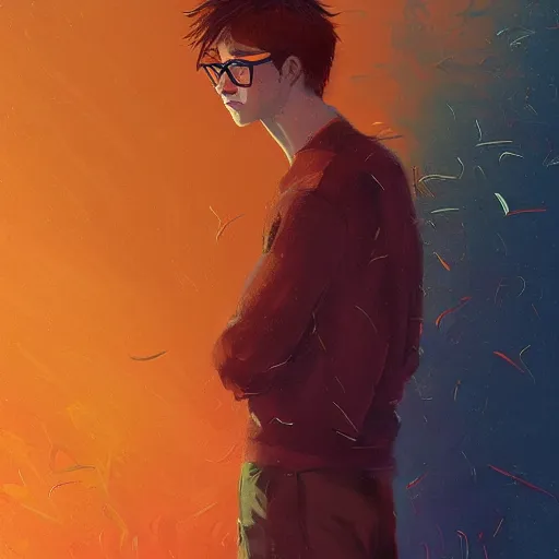 Prompt: portrait of boy with fair hair and glasses, symmetric, detailed, by anato finnstark, by alena aenami, by john harris, by ross tran, by wlop, by andreas rocha