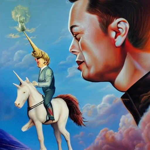 Image similar to an extremely high quality hd surrealism painting of elon musk riding a unicorn with emma watson's face