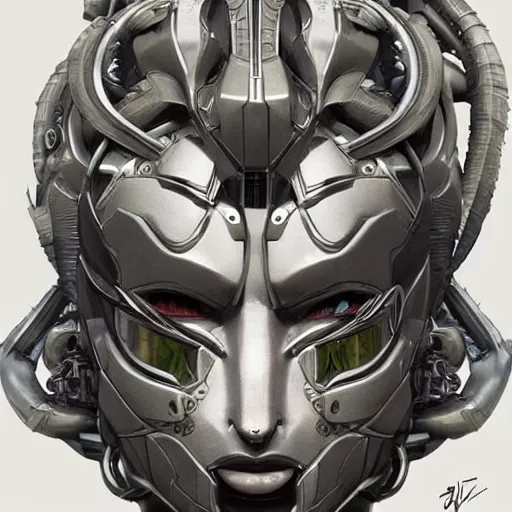 Image similar to a mech version of asian medusa, with a septum nose ring piercing, very symmetrical, highly detailed, by vitaly bulgarov, by joss nizzi, by ben procter, by steve jung, concept art, quintessa, metal gear solid, transformers cinematic universe, concept art world, pinterest, artstation, unreal engine