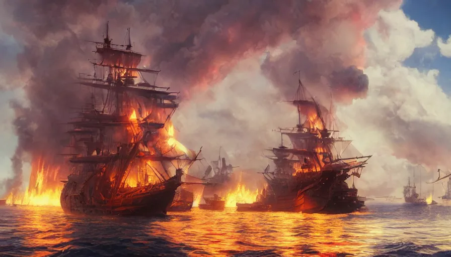 Image similar to A highly detailed matte painting of huge pirate ship battle on the ocean, big fire smokes and big explosions by Studio Ghibli, Makoto Shinkai, by Artgerm, by beeple, by Greg Rutkowski, volumetric lighting, octane render, 4K resolution, trending on artstation, masterpiece