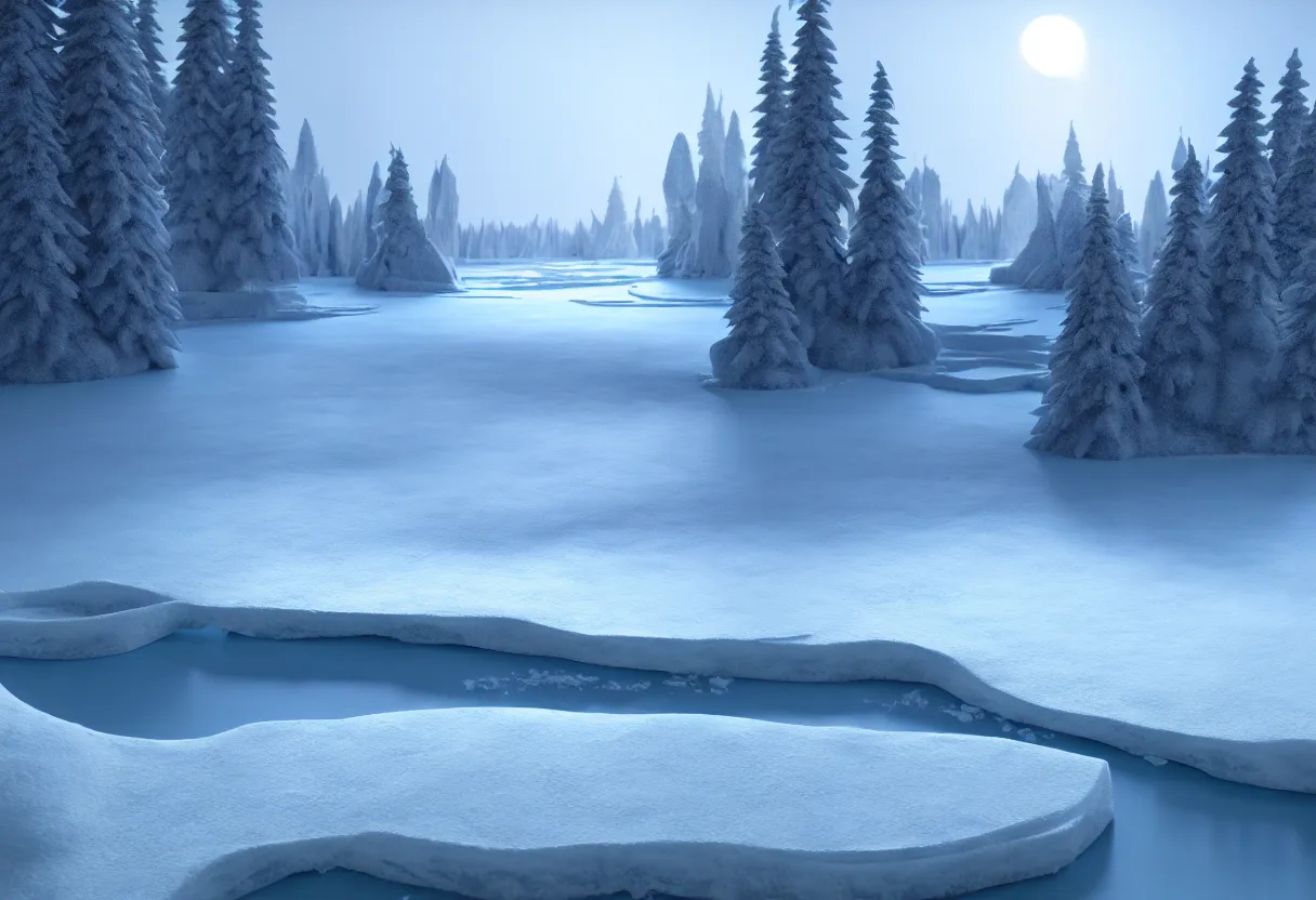 Prompt: inside of flowing frozen lake winter landscape of imagination, matte painting, beautiful render, octane render, concept art