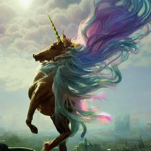 Prompt: a iridescent unicorn is injured, footsteps of blood leading up to it, toxic glowing smog in the sky, ultra realistic, concept art, intricate details, highly detailed, photorealistic, octane render, 8 k, art by art by artgerm and greg rutkowski and alphonse mucha