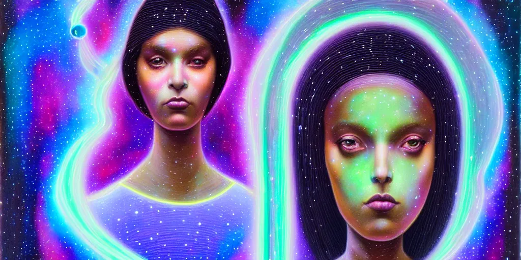 Prompt: patron saint of 🛸🌈👩🏾, futuristic iridescent clothing, wormhole, nebula, black hole, aries constellation, multiverse, neon god of city character portrait, in the style of margaret keane, moebius, tom bagshaw, and waterhouse, cinematic lighting, beautiful, elegant, oil painting,