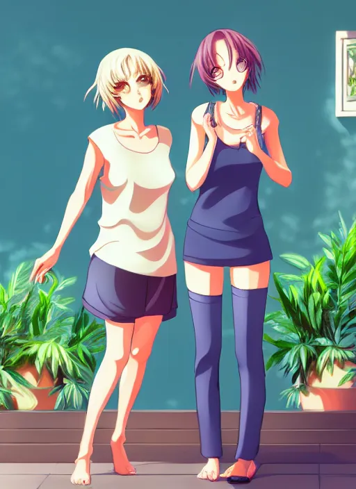 Prompt: two beautiful mature women in a summer home, casual summer clothes, gorgeous faces, thick lines, cinematic lighting, detailed anime art