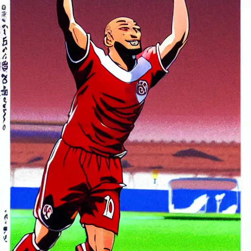 Prompt: football player terrence boyd in a red jersey of the 1.fc kaiserslautern celebrating a goal, anime style, by Akira Toriyama, very highly detailed, sunny weather