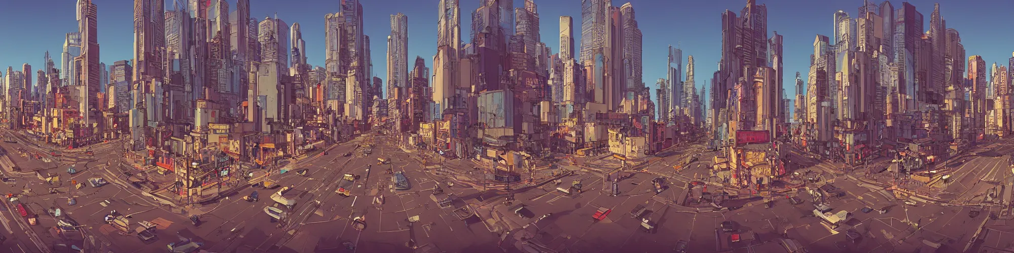 Prompt: panorama view of a city, on the street, no cars. sharp focus, cinematic pose, cinematic lighting, unreal engine render. art by josan gonzales and moebius and deathburger.