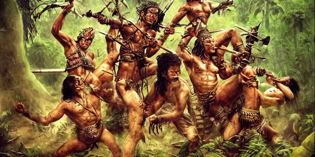 Prompt: battle in jungle, brutal aztec and Amazonian fight, epic, vintage, blood, slight inspiration of Boris vallejo and apocalypto, war photography