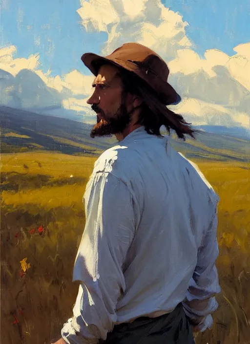 Prompt: Greg Manchess painting of Jules, countryside, calm, fantasy character portrait, dynamic pose, above view, sunny day, thunder clouds in the sky, artwork by Jeremy Lipkin and Giuseppe Dangelico Pino and Michael Garmash and Rob Rey, very coherent asymmetrical artwork, sharp edges, perfect face, simple form, 100mm