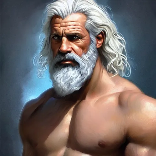 Image similar to half body portrait of rugged zeus, greek god, 4 0 years old, handsome, white hair, soft hair, upper body, muscular, hairy torso, fantasy, intricate, elegant, highly detailed, digital painting, artstation, concept art, smooth, sharp focus, illustration, art by artgerm and greg rutkowski and alphonse mucha