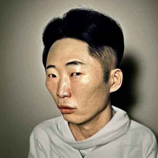 Prompt: hyperralism araki hobuyoshi style photography of hyperrealism detailed north korean kim chen with perfect face playing detailed xbox and smoking weed in basement bedroom