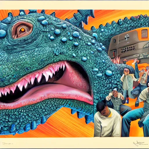 Prompt: beautiful lifelike painting of godzilla breakdancing at a rap concert, hyperreal detailed facial features and uv lighting, art by ed roth and basil wolverton