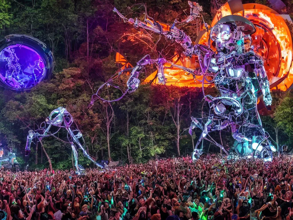 Image similar to a cyborg dj is playing a vast array of highly evolved musical technology on a stage surrounded by an incredible and complex circular robotic structure playing highly evolved music overlooking a crowd at a forest festival lit by fire