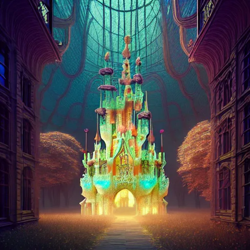 Image similar to iridescent opalescent living forest kingdom castle, warm tones, translucent, : by michal karcz, daniel merriam, victo ngai and guillermo del toro : ornate, dynamic, particulate, intricate, elegant, highly detailed, centered, artstation, smooth, sharp focus, octane render